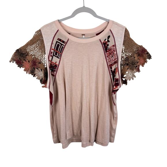 Free People As If Crochet Floral Short Sleeve Embroidered Lightweight Blouse L - Picture 4 of 12
